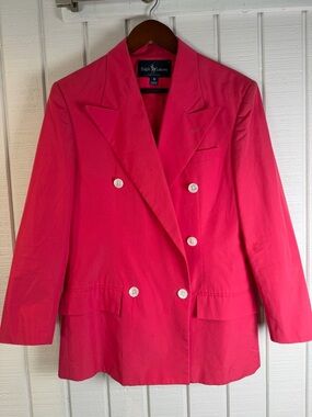 Vintage Ralph Lauren 100% Cotton Pink double breasted blazer Size 8 Made in USA